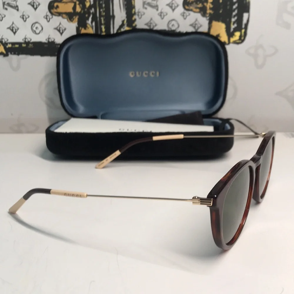 Brand New Gucci GG1048S 002 Round Sunglasses – Havana with Green Lenses ✨